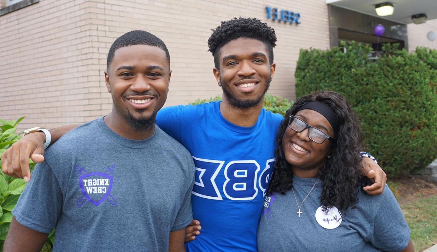 University of Bridgeport Orientation Leaders outside Seeley Hall